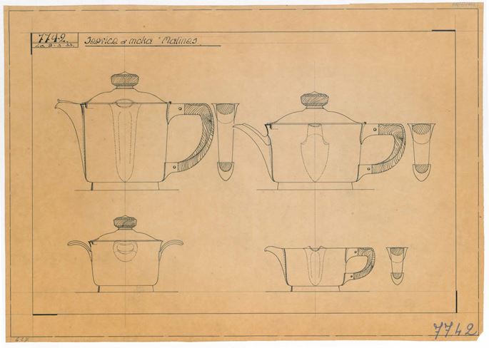 Wolfers Frères - SILVER TEA SERVICE &quot;MALINES&quot; consisting of: teapot, milk jug, sugar bowl, oval tray  | MasterArt
